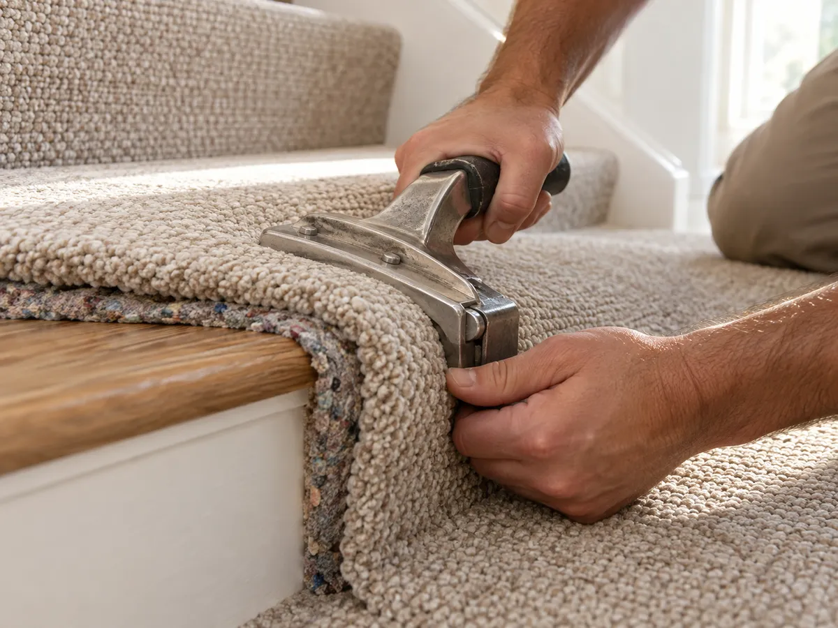 Carpet being fitted over the nose of a stair