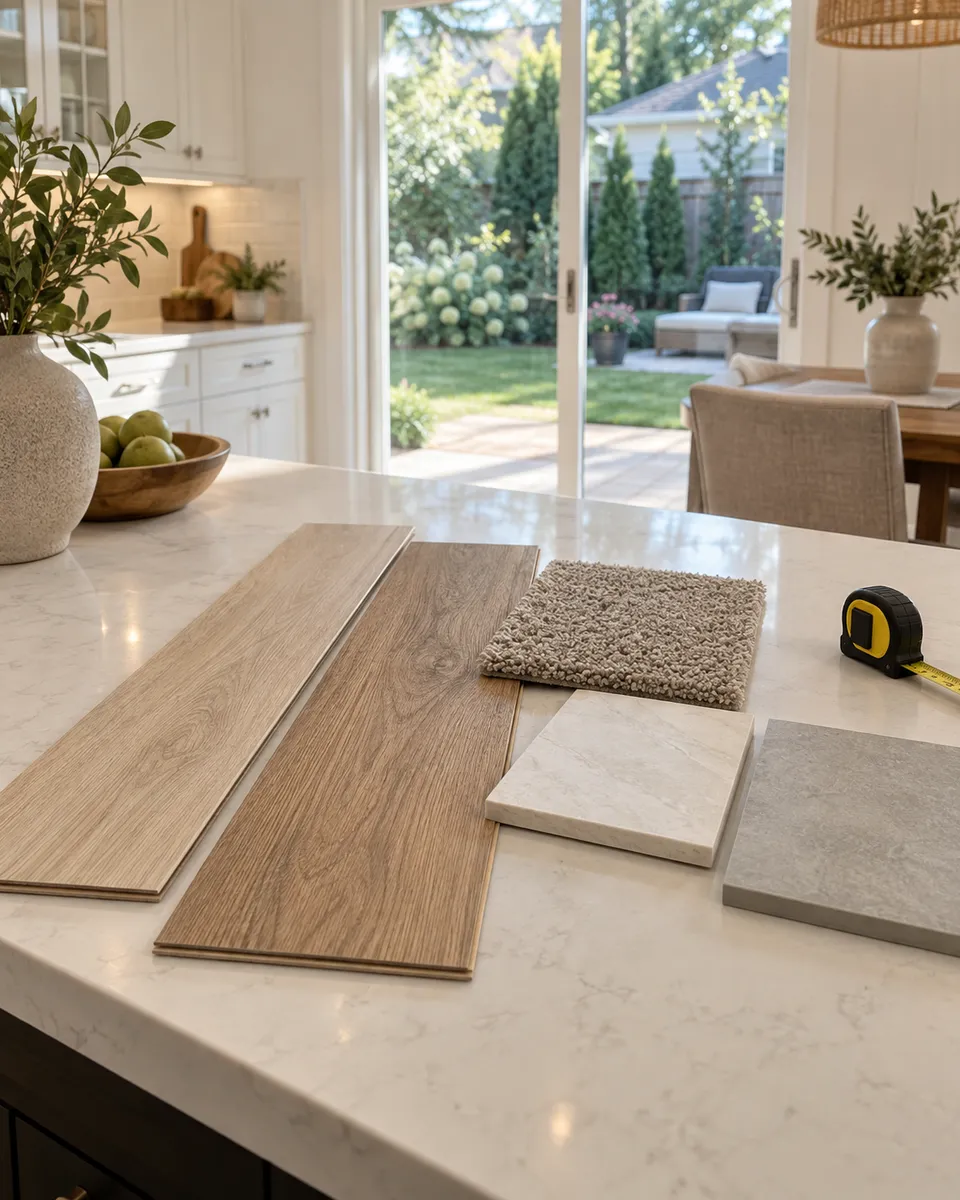 Flooring samples on a kitchen island in a family house