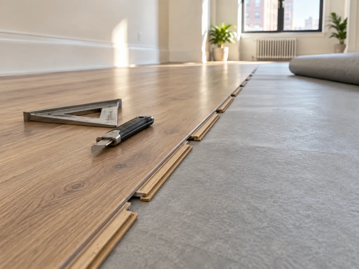 The end of a row of vinyl planks with acoustic underlayment rolled out ahead of it